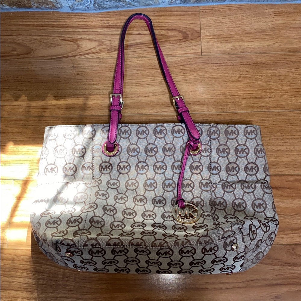 Michael Kors Tan and Pink Signature Tote
